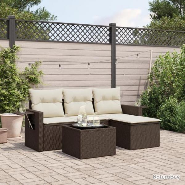 Salon de jardin 4 pcs avec coussins marron rsine tresse