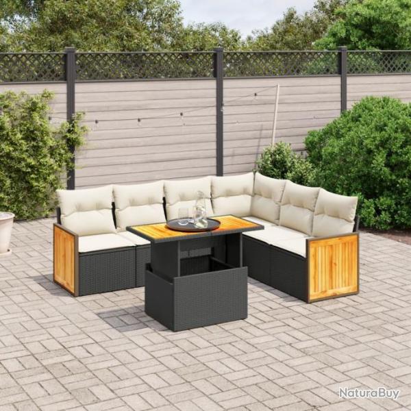 Salon de jardin 7 pcs avec coussins noir rsine tresse