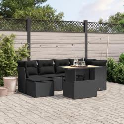 Salon de jardin 7 pcs avec coussins noir résine tressée