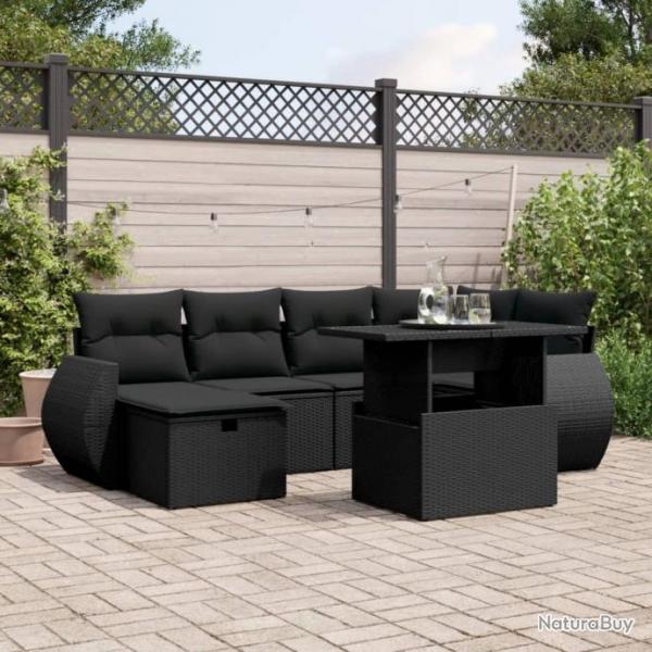 Salon de jardin 7 pcs avec coussins noir rsine tresse