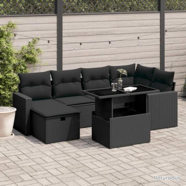 Salon de jardin 7 pcs avec coussins noir rsine tresse