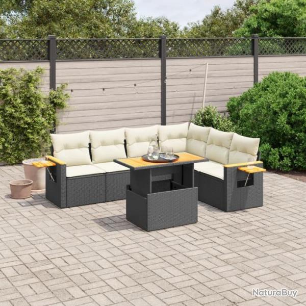 Salon de jardin 7 pcs avec coussins noir rsine tresse