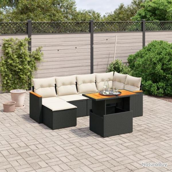 Salon de jardin 7 pcs avec coussins noir rsine tresse