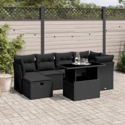 Salon de jardin 7 pcs avec coussins noir résine tressée