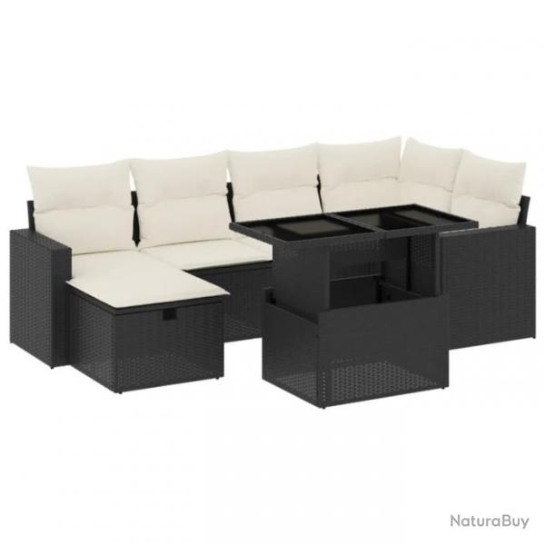 Salon de jardin 7 pcs avec coussins noir rsine tresse