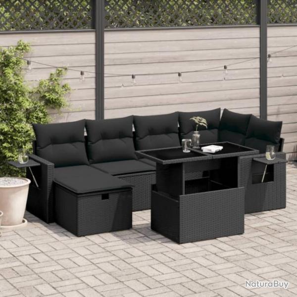 Salon de jardin 7 pcs avec coussins noir rsine tresse