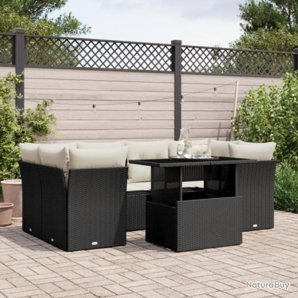 Salon de jardin 7 pcs avec coussins noir rsine tresse