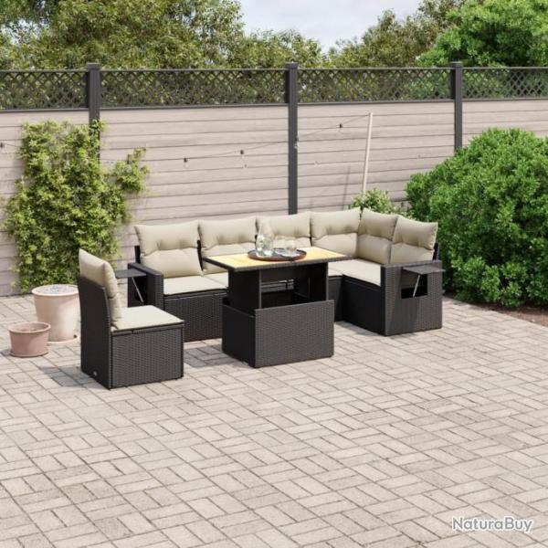 Salon de jardin 7 pcs avec coussins noir rsine tresse