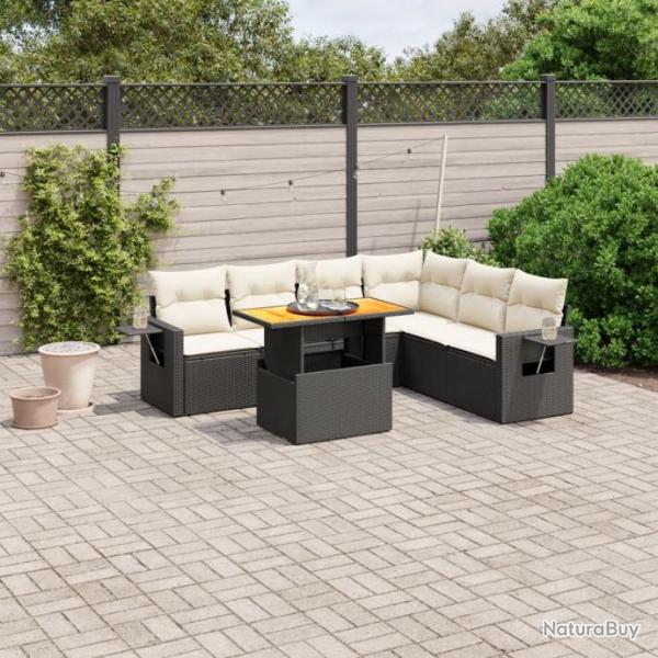 Salon de jardin 7 pcs avec coussins noir rsine tresse