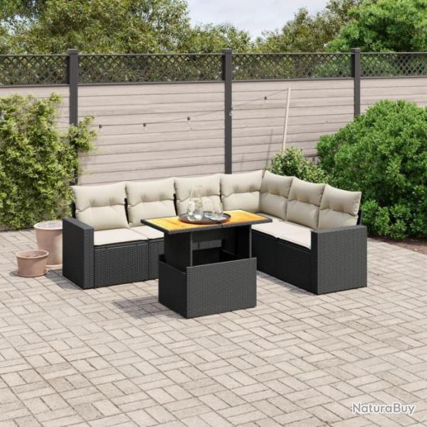 Salon de jardin 7 pcs avec coussins noir rsine tresse