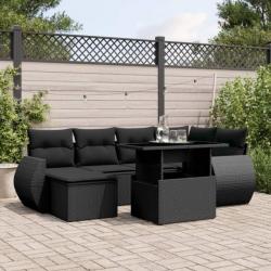 Salon de jardin 7 pcs avec coussins noir résine tressée