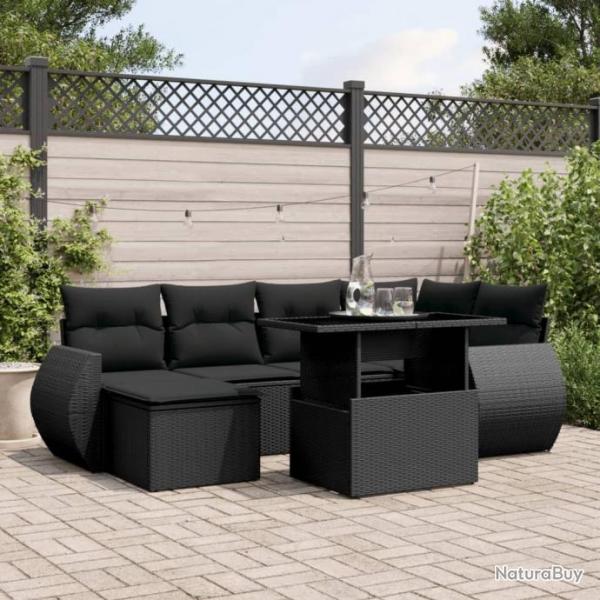 Salon de jardin 7 pcs avec coussins noir rsine tresse