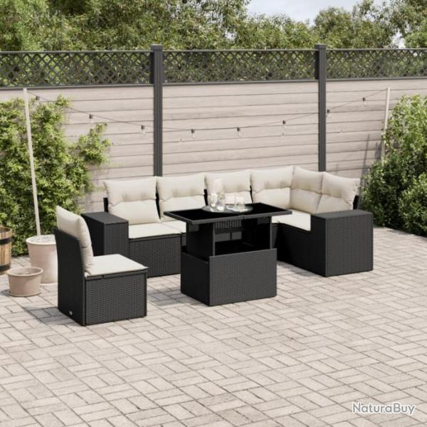 Salon de jardin 7 pcs avec coussins noir rsine tresse