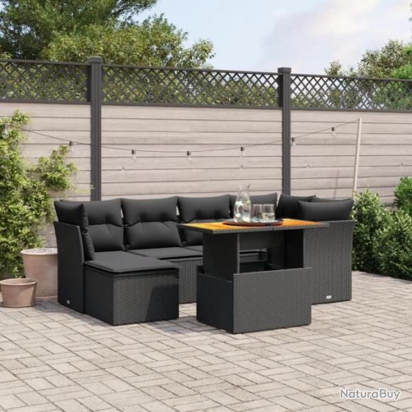 Salon de jardin 7 pcs avec coussins noir rsine tresse