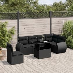 Salon de jardin 7 pcs avec coussins noir résine tressée