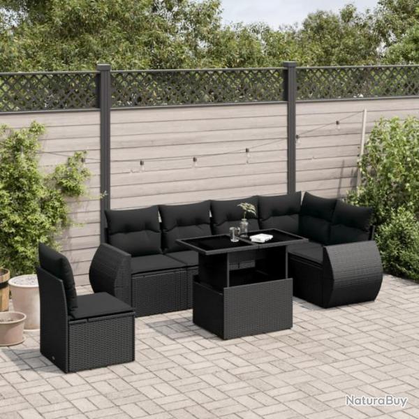 Salon de jardin 7 pcs avec coussins noir rsine tresse