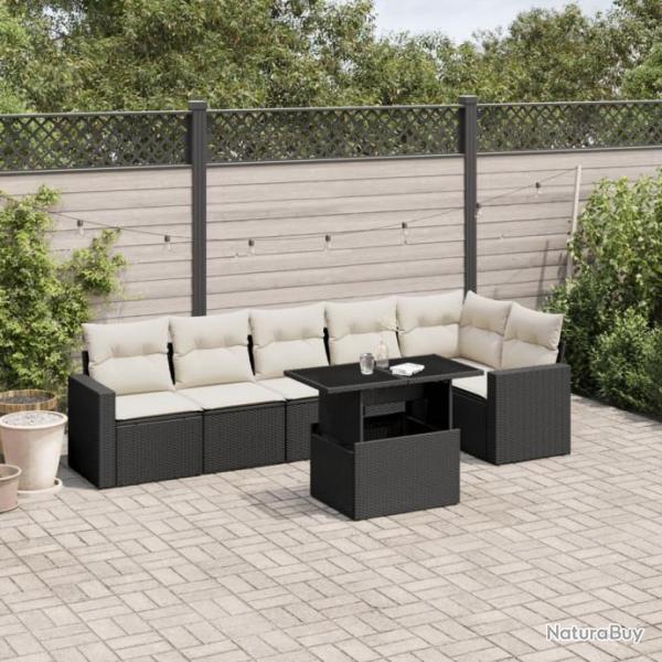 Salon de jardin 7 pcs avec coussins noir rsine tresse