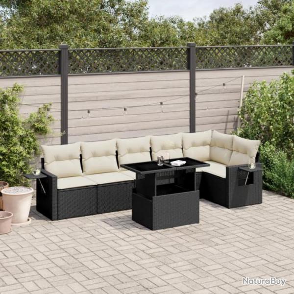 Salon de jardin 7 pcs avec coussins noir rsine tresse