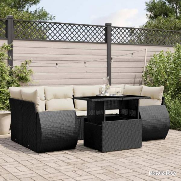 Salon de jardin 7 pcs avec coussins noir rsine tresse