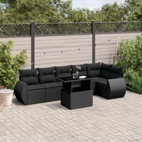 Salon de jardin 7 pcs avec coussins noir rsine tresse