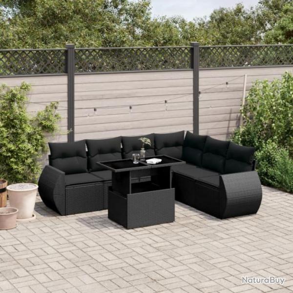 Salon de jardin 7 pcs avec coussins noir rsine tresse