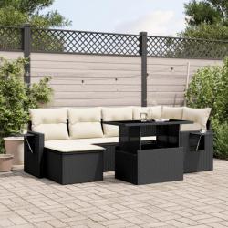 Salon de jardin 7 pcs avec coussins noir résine tressée