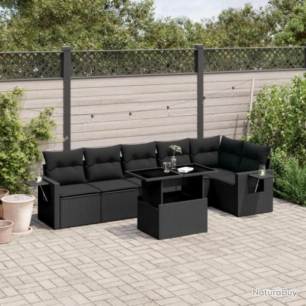 Salon de jardin 7 pcs avec coussins noir rsine tresse