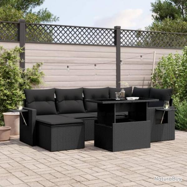 Salon de jardin 7 pcs avec coussins noir rsine tresse