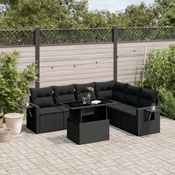 Salon de jardin 7 pcs avec coussins noir rsine tresse