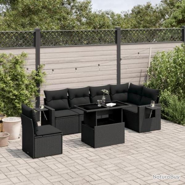 Salon de jardin 7 pcs avec coussins noir rsine tresse