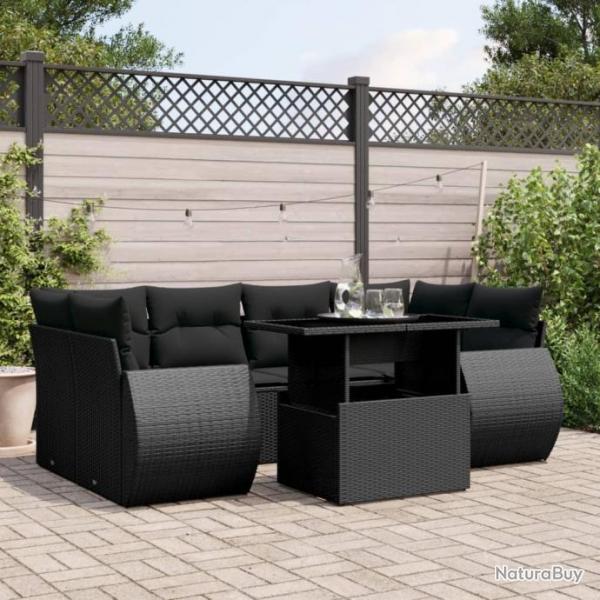 Salon de jardin 7 pcs avec coussins noir rsine tresse