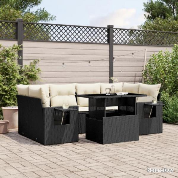 Salon de jardin 7 pcs avec coussins noir rsine tresse