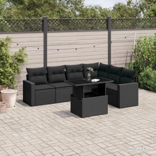 Salon de jardin 7 pcs avec coussins noir rsine tresse