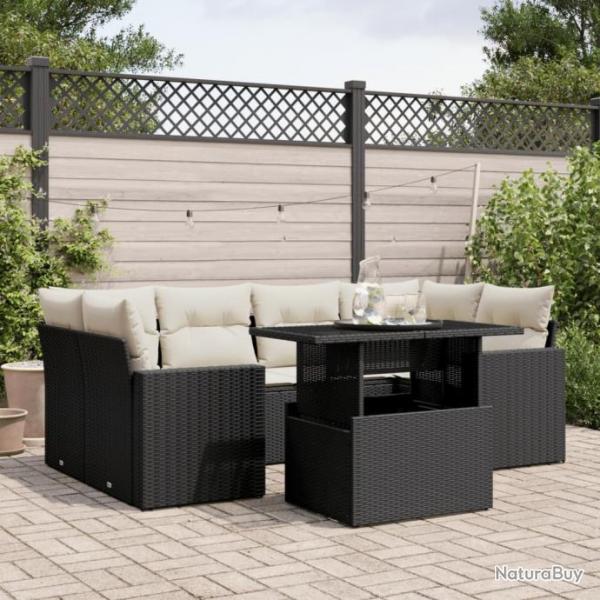 Salon de jardin 7 pcs avec coussins noir rsine tresse