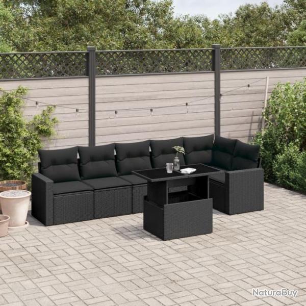 Salon de jardin 7 pcs avec coussins noir rsine tresse