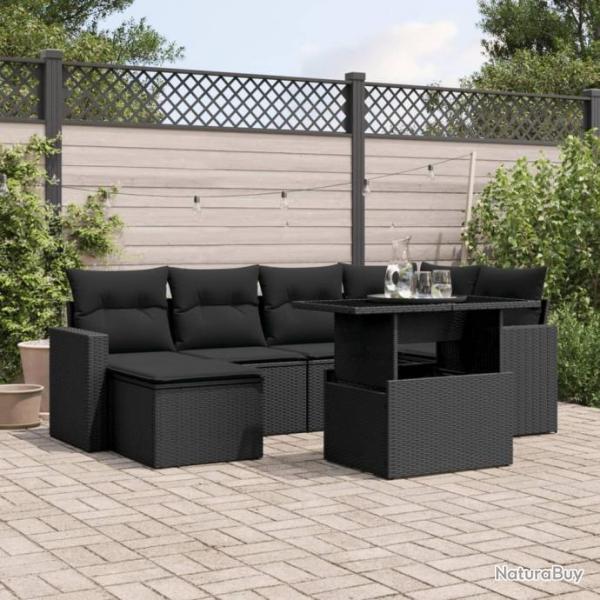 Salon de jardin 7 pcs avec coussins noir rsine tresse