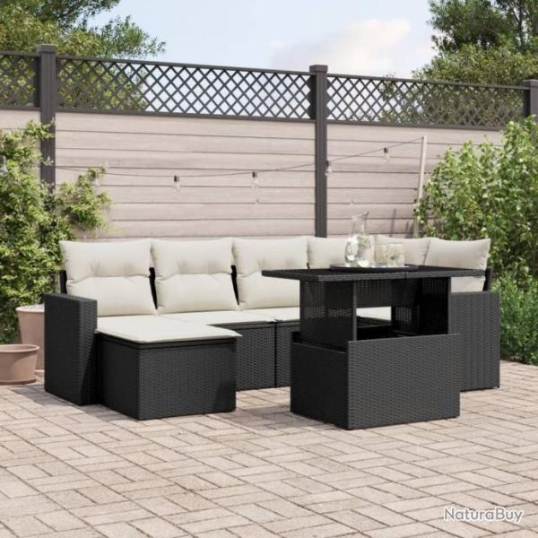 Salon de jardin 7 pcs avec coussins noir rsine tresse