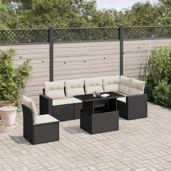 Salon de jardin 7 pcs avec coussins noir rsine tresse