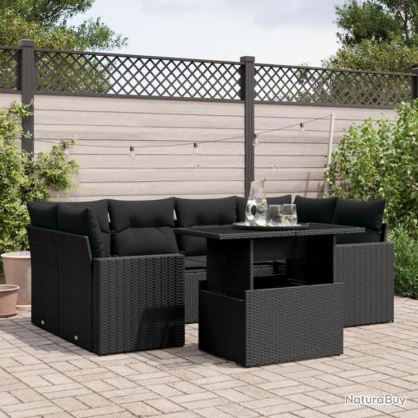 Salon de jardin 7 pcs avec coussins noir rsine tresse