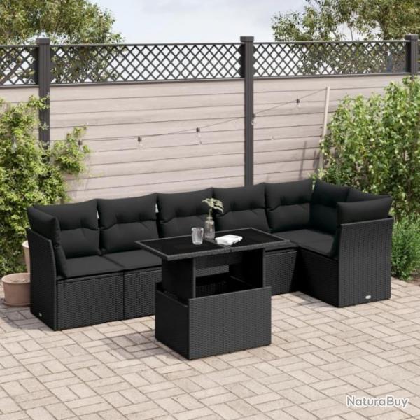 Salon de jardin 7 pcs avec coussins noir rsine tresse