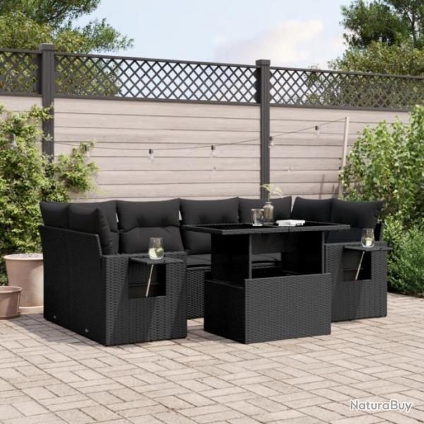 Salon de jardin 7 pcs avec coussins noir rsine tresse