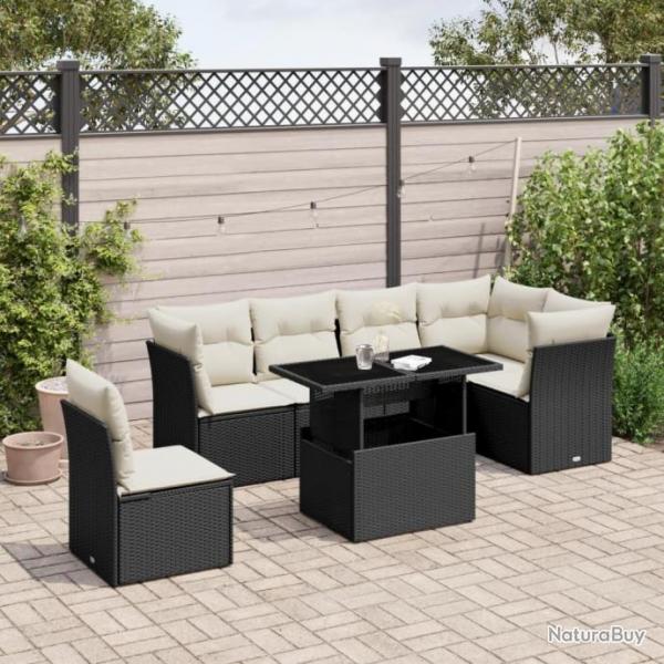 Salon de jardin 7 pcs avec coussins noir rsine tresse