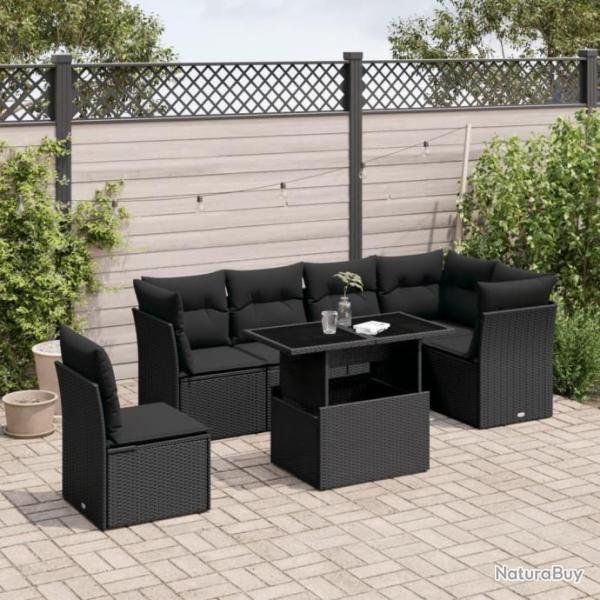 Salon de jardin 7 pcs avec coussins noir rsine tresse