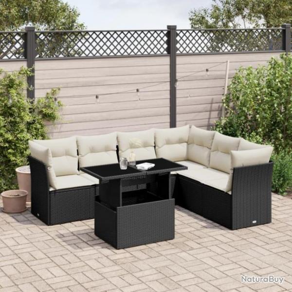 Salon de jardin 7 pcs avec coussins noir rsine tresse