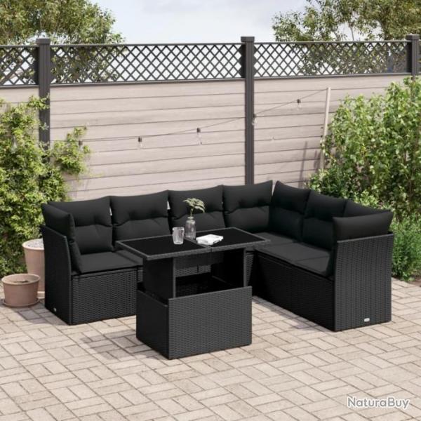 Salon de jardin 7 pcs avec coussins noir rsine tresse