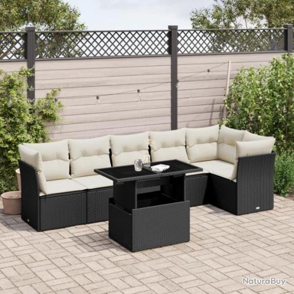 Salon de jardin 7 pcs avec coussins noir rsine tresse