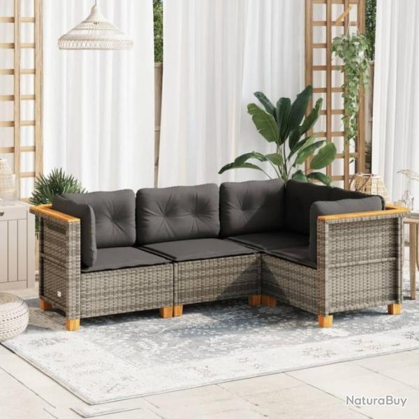 Salon de jardin 4 pcs avec coussins gris rsine tresse