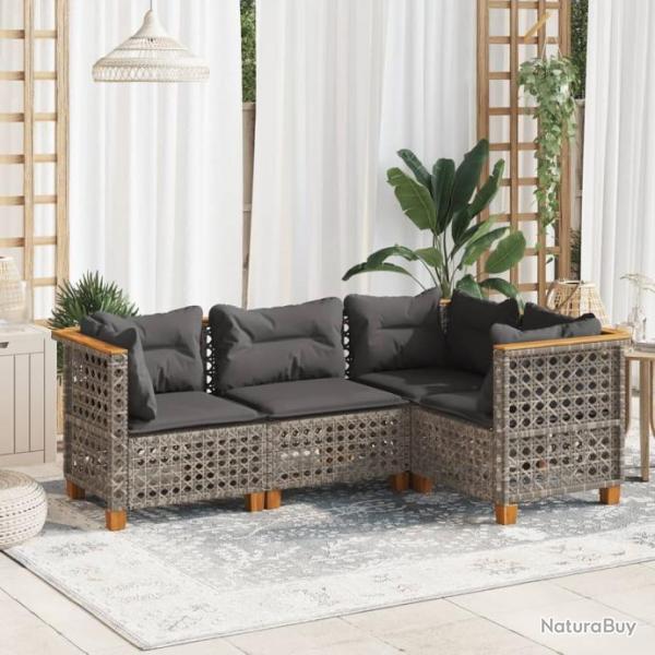 Salon de jardin 4 pcs avec coussins gris rsine tresse