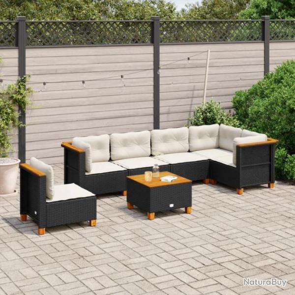 Salon de jardin 7 pcs avec coussins noir rsine tresse