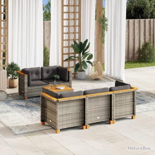 Salon de jardin 6 pcs avec coussins gris rsine tresse